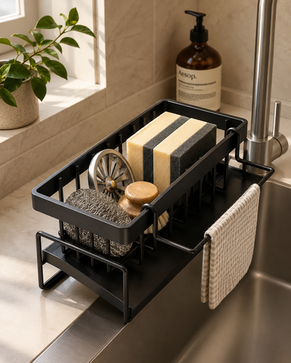 Rustproof Kitchen Sink Caddy Organizer with Drain Tray & Towel Bar – Space-Saving Metal Sponge Holder for Soap, Brushes & Kitchen Accessories