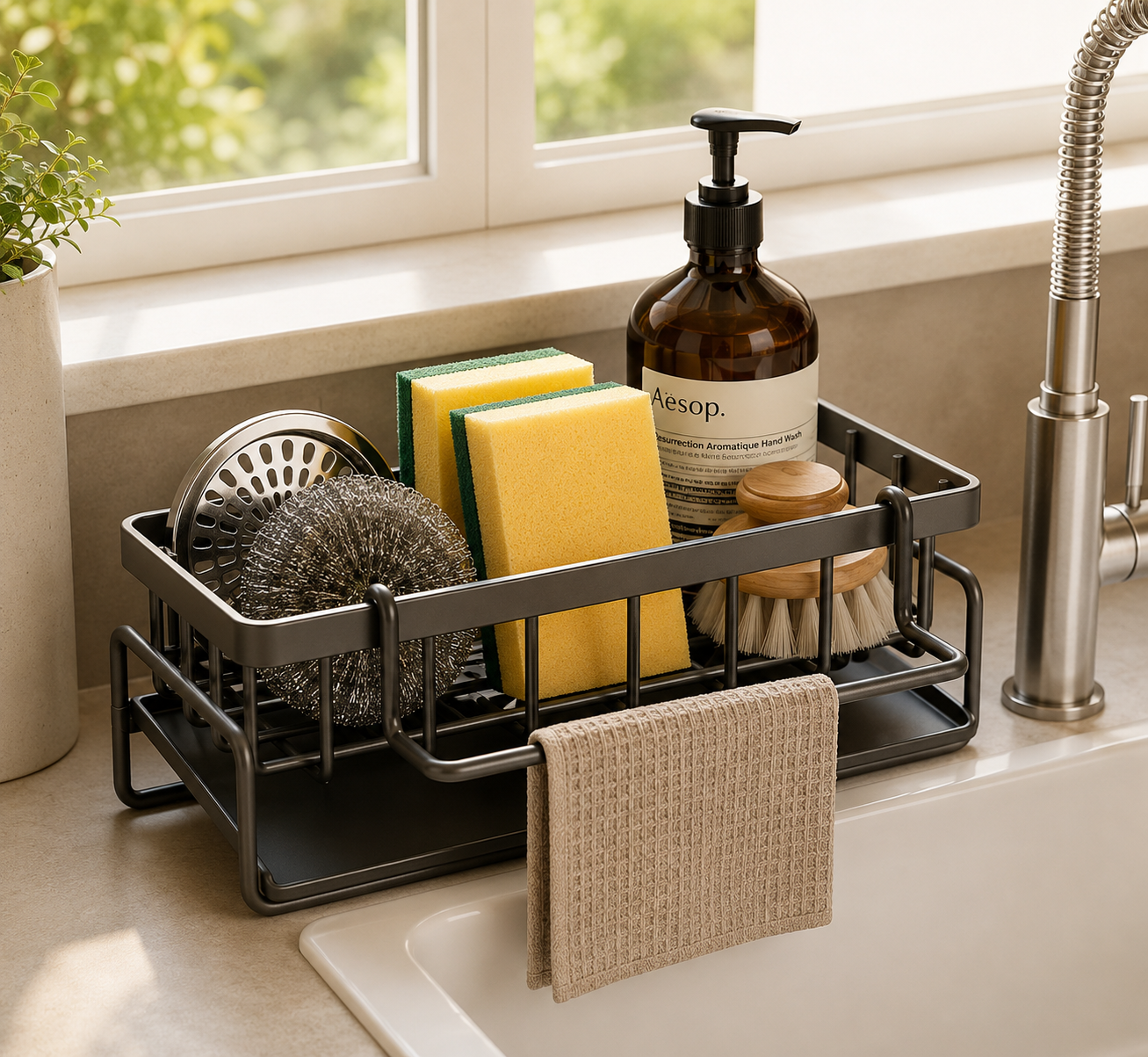 Rustproof Kitchen Sink Caddy Organizer with Drain Tray & Towel Bar – Space-Saving Metal Sponge Holder for Soap, Brushes & Kitchen Accessories