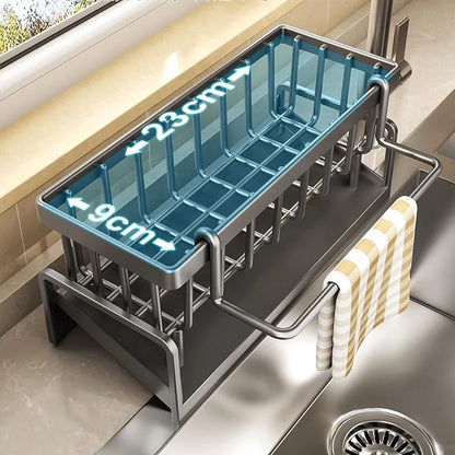 Rustproof Kitchen Sink Caddy Organizer with Drain Tray & Towel Bar – Space-Saving Metal Sponge Holder for Soap, Brushes & Kitchen Accessories